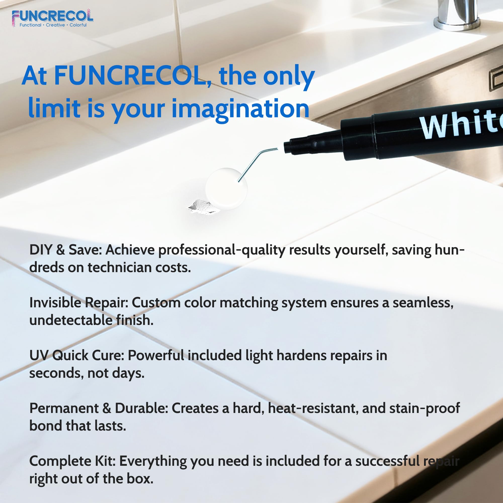 FUNCRECOL Pro Quartz Countertop Repair Kit, 30s Quick-Dry Stone Filler