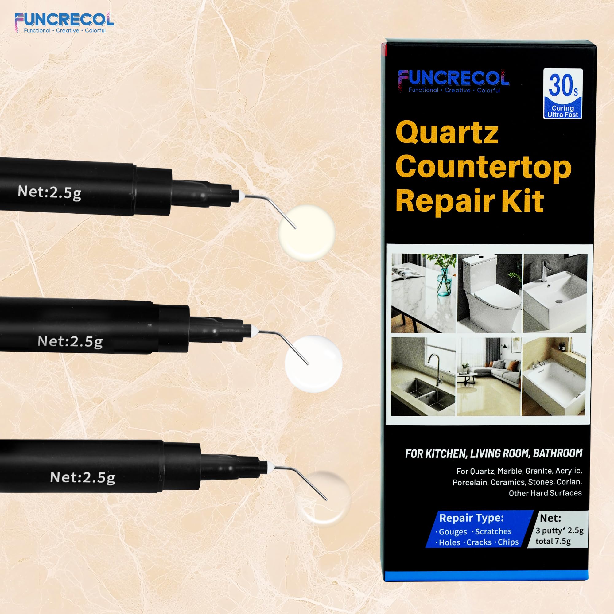 FUNCRECOL Pro Quartz Countertop Repair Kit, 30s Quick-Dry Stone Filler